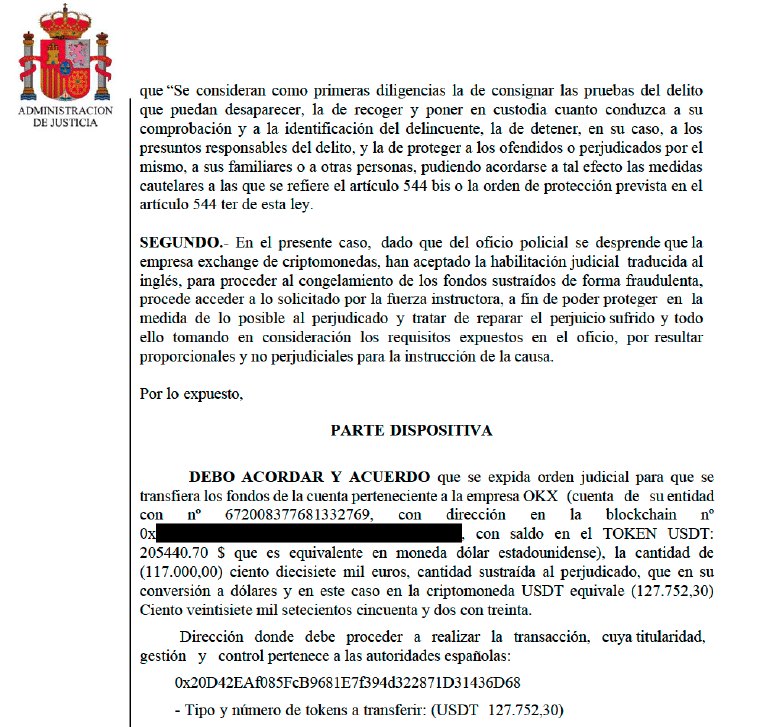 Auto judicial de bloqueo de criptoactivos