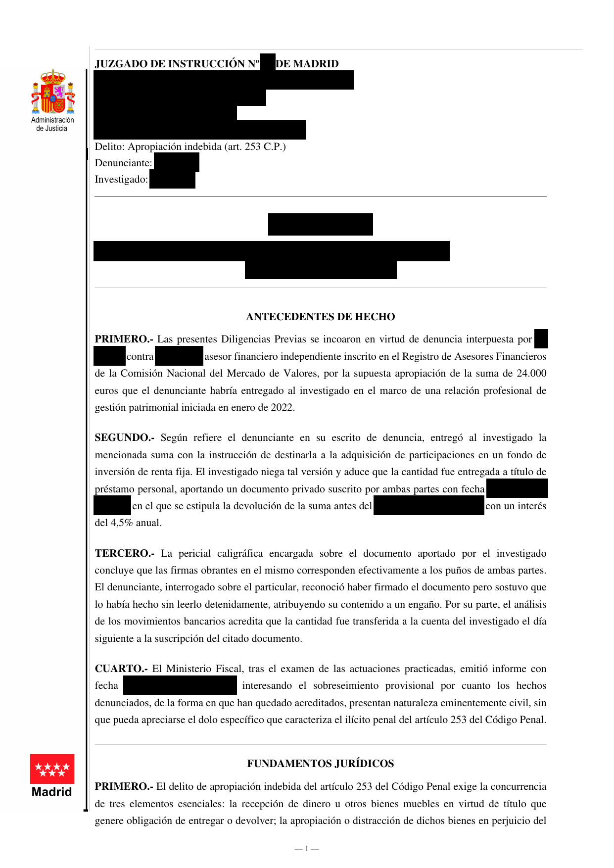 Captura del auto de archivo en causa por apropiación indebida