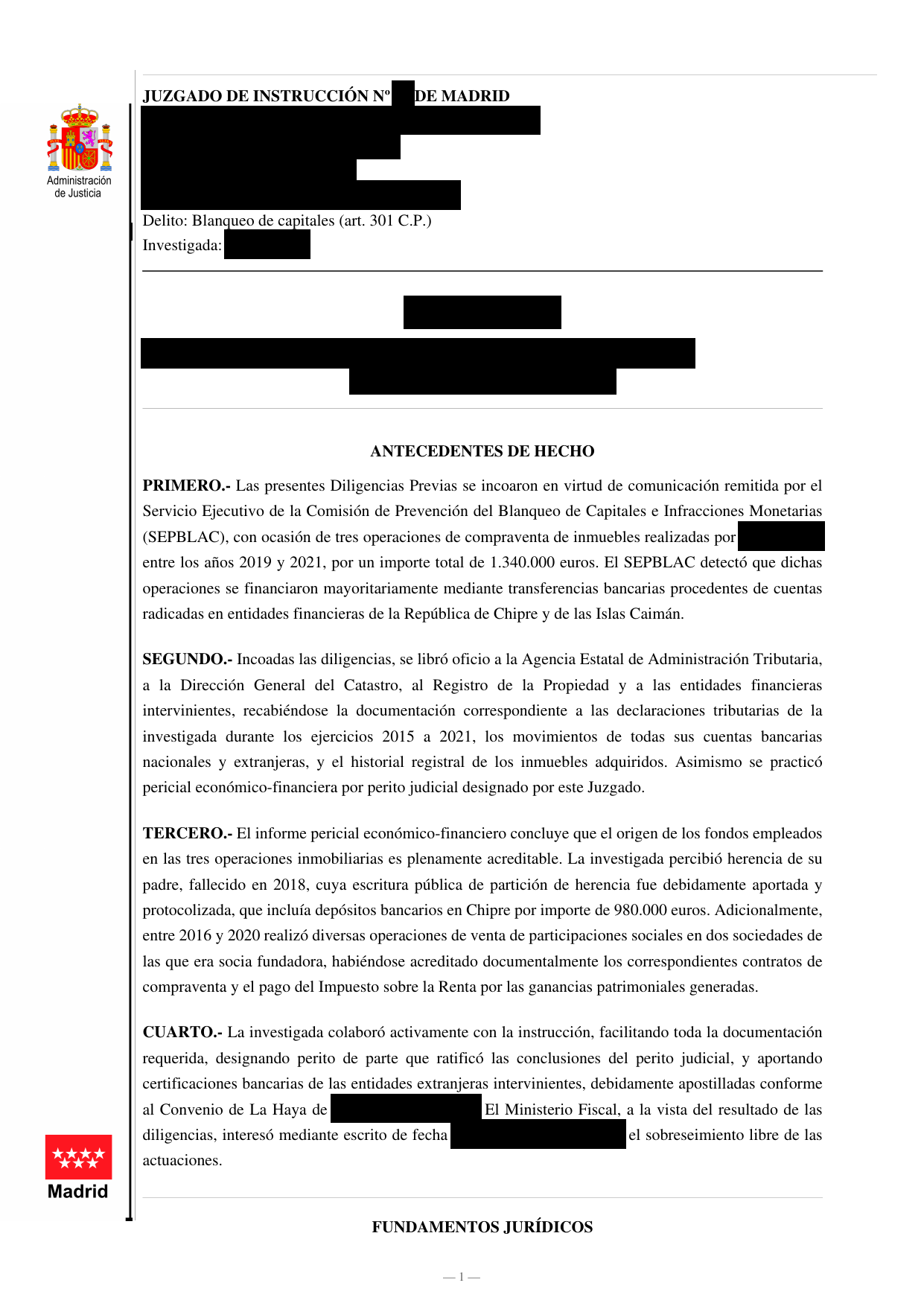 Captura del auto de sobreseimiento libre por blanqueo de capitales